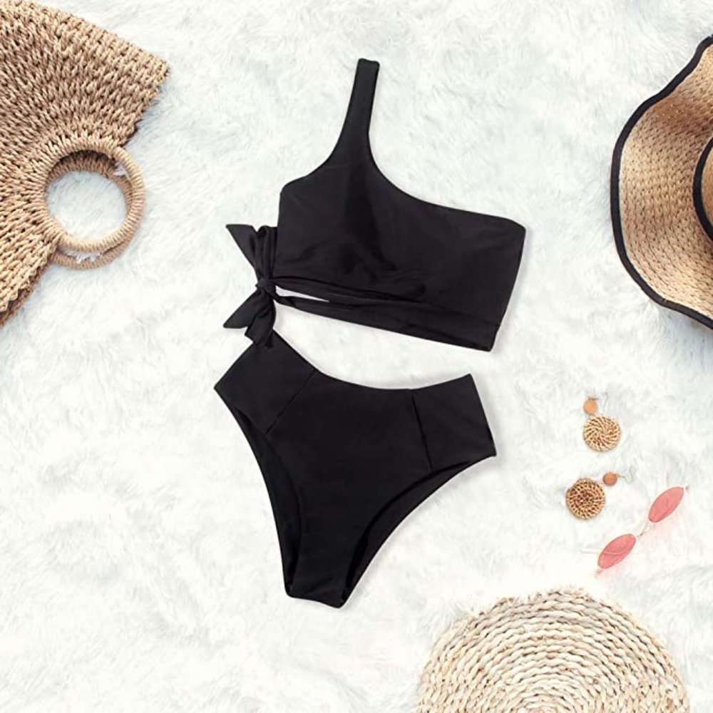 MOOSLOVER Women One Shoulder High Waisted Bikini Tie High Cut Two Piece Swimsuit